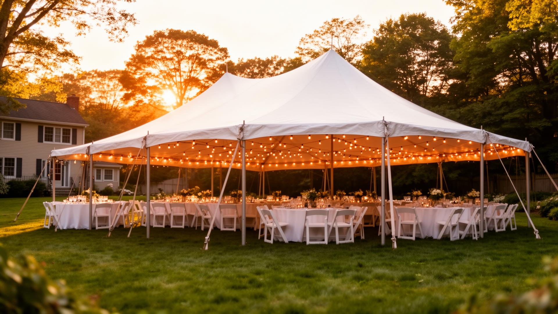 White event tent strung with warm bistro lights at golden hour in a MetroWest backyard