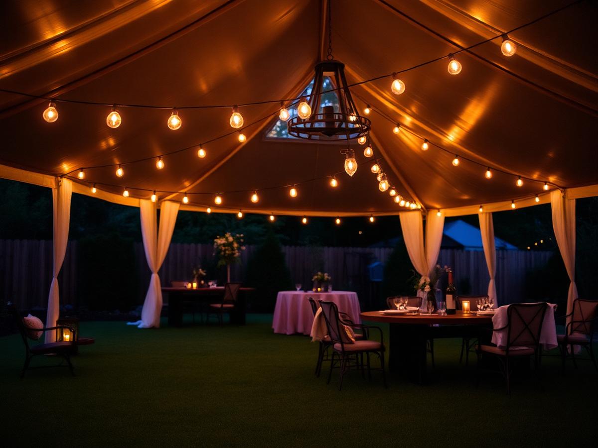 Inside a backyard tent glowing with bistro lights at night